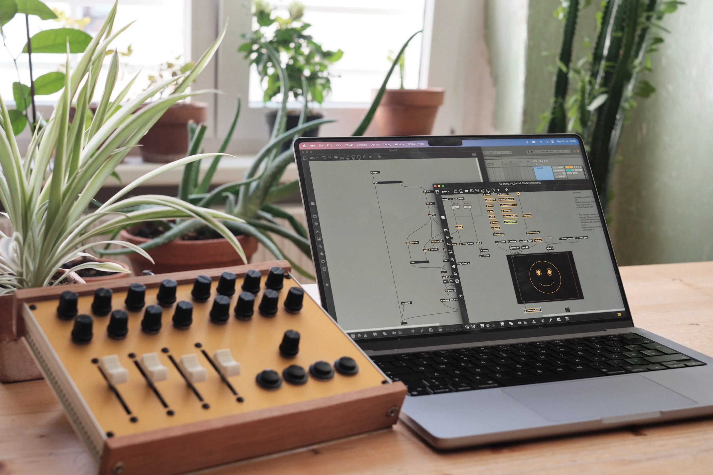 Self-made MIDI controller with wooden enclosure featuring rotary encoders and linear faders connected to a laptop running Sting acid line generator patch in Max/MSP, displayed in a plant-filled workspace.