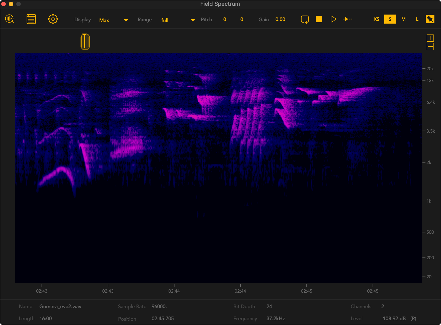 An image of a ‘field spectrum’ spectrogram showing the frequency content of a bird call