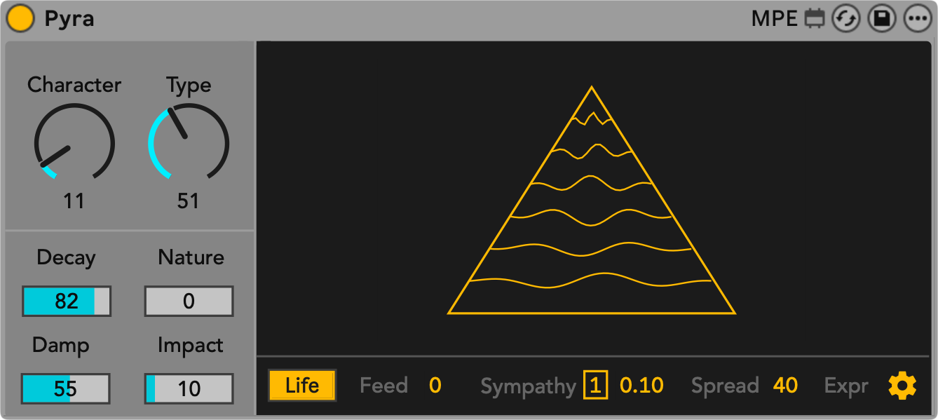 Pyra physical modelling interface showing Character/Type controls, Decay/Nature parameters, and Damp/Impact settings with a triangular visualization displaying plucked string resonance patterns and Life mode controls at the bottom.