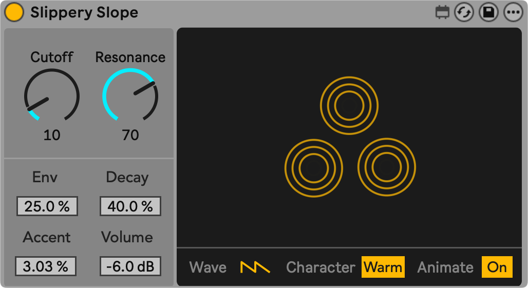 Slippery Slope synthesizer interface showing filter controls, envelope settings, performance parameters with three oscillator rings and Warm character mode enabled.