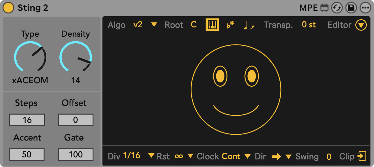 Sting 2 acid line generator interface showing Type/Density knobs, step parameters, and accent/gate settings, featuring a smiley face visualization in the center display area.