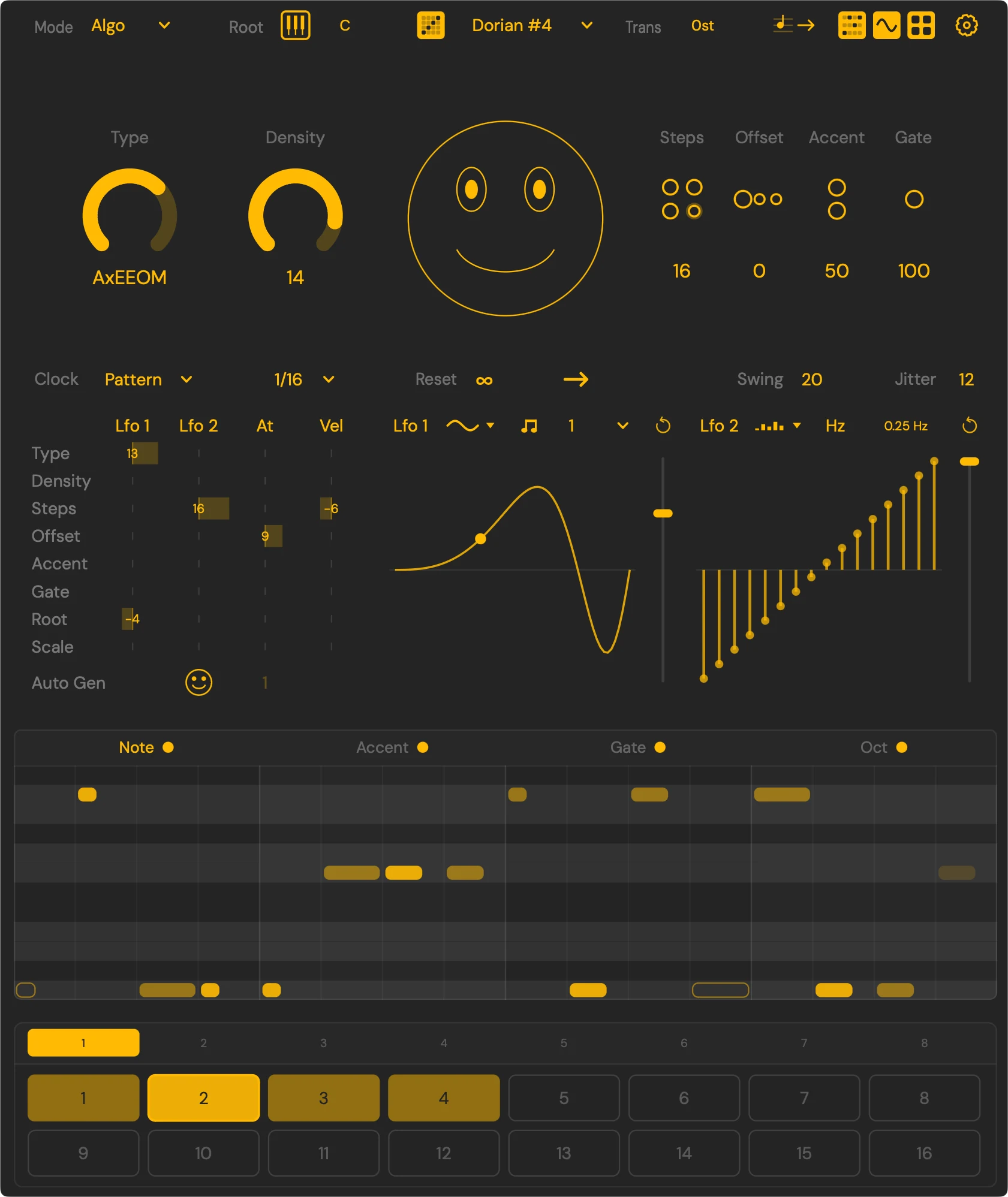 The Sting plug-in. It opens compact: Mode set to Algo, root C in a Dorian #4 scale, Type and Density knobs either side of a large smiley face, Steps, Offset, Accent and Gate at 16, 0, 50 and 100, and a clock row underneath. Below that it expands into a modulation matrix routing two LFOs, aftertouch and velocity to Type, Steps, Offset and Root, editors for both LFO shapes, a note, accent, gate and octave sequencer grid, and sixteen pattern slots.